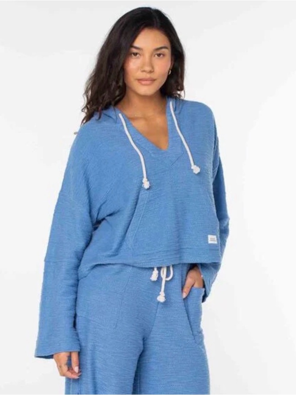 Roxy Light Blue V-Neck Hoodie with Drawstring (Women's Rich Coast Poncho)